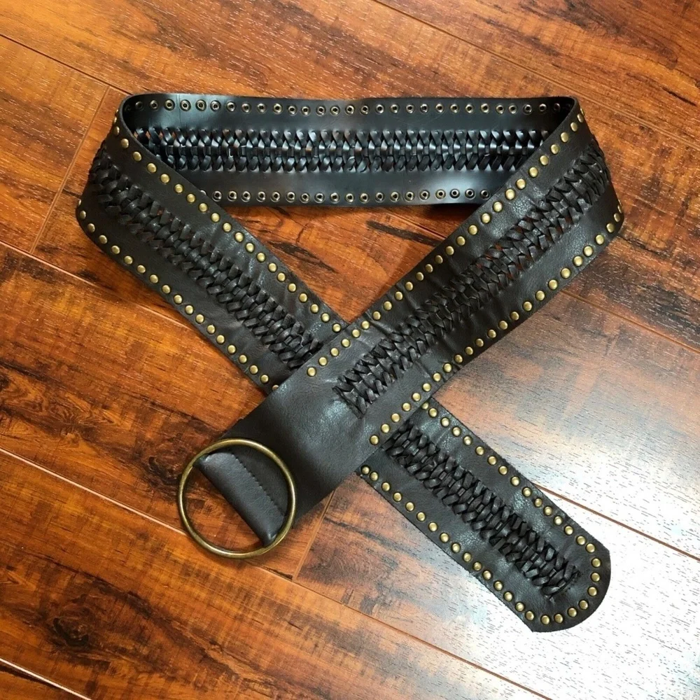 Vintage 90s M/L BoHo Hippy Brown Woven Distressed Faux Leather Studded Buckl…